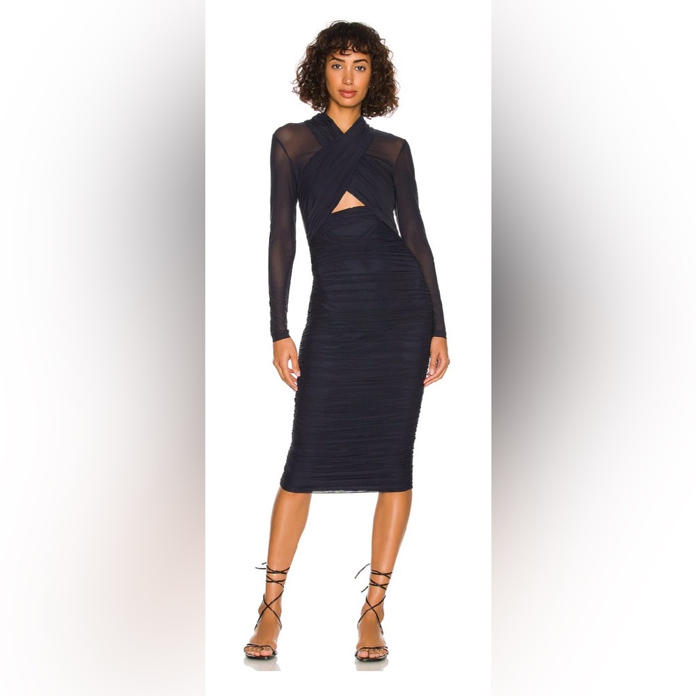 Bardot Women’s M Navy Sheer Sleeve Cutout Wrap Midi Cocktail Occasion Dress